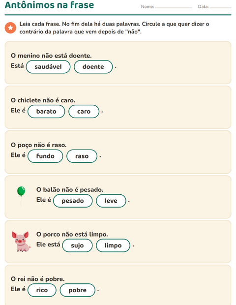 Pré-visualização da ficha de Antônimos para 1º ano do ensino fundamental