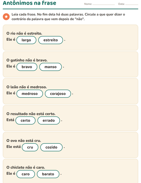 Pré-visualização da ficha de Antônimos para 1º ano do ensino fundamental