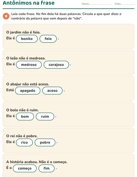 Pré-visualização da ficha de Antônimos para 1º ano do ensino fundamental