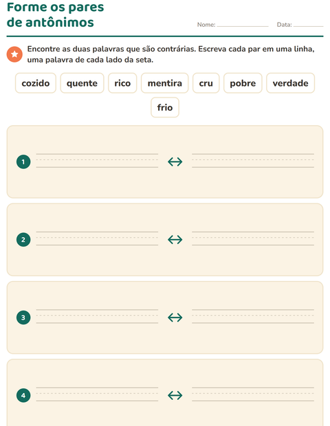 Pré-visualização da ficha de Antônimos para 1º ano do ensino fundamental