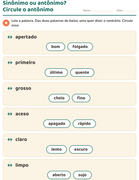 Pré-visualização da ficha de Antônimos para 1º ano do ensino fundamental