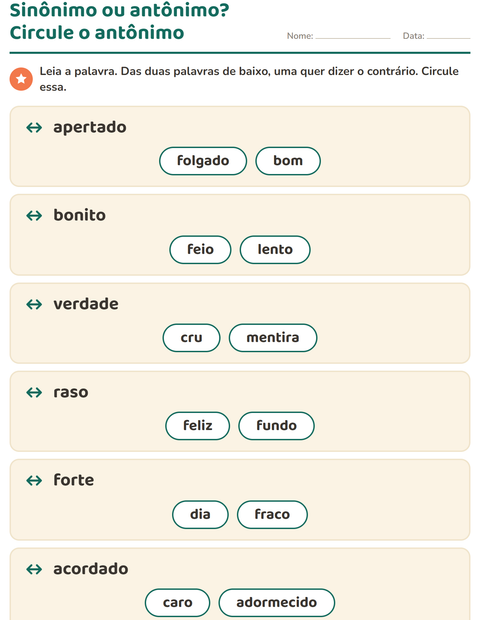 Pré-visualização da ficha de Antônimos para 1º ano do ensino fundamental