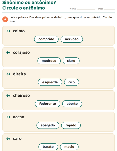 Pré-visualização da ficha de Antônimos para 1º ano do ensino fundamental