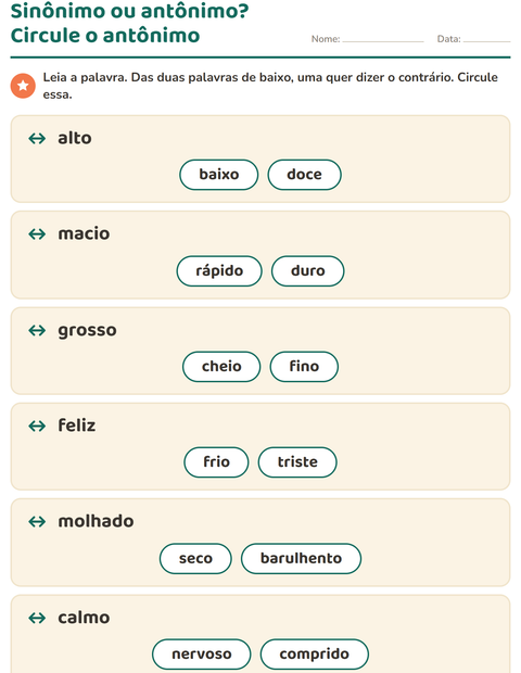 Pré-visualização da ficha de Antônimos para 1º ano do ensino fundamental