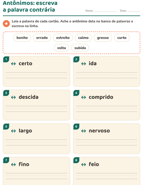 Pré-visualização da ficha de Antônimos para 1º ano do ensino fundamental