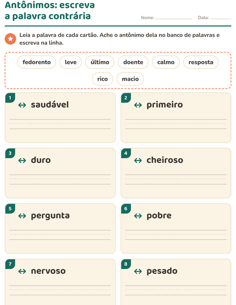Pré-visualização da ficha de Antônimos para 1º ano do ensino fundamental