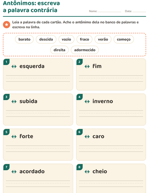 Pré-visualização da ficha de Antônimos para 1º ano do ensino fundamental