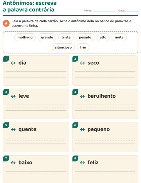 Prévia: Antônimos: escreva a palavra contrária de cada cartão
