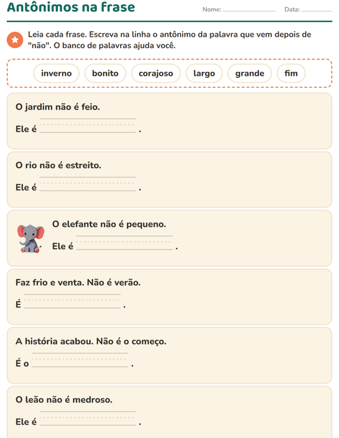 Pré-visualização da ficha de Antônimos para 1º ano do ensino fundamental