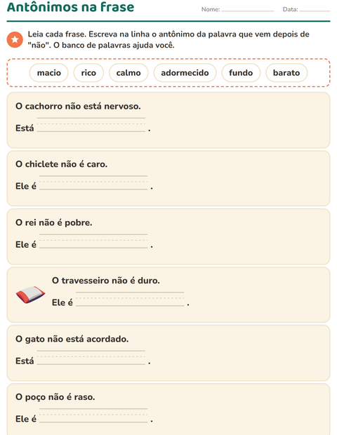 Pré-visualização da ficha de Antônimos para 1º ano do ensino fundamental
