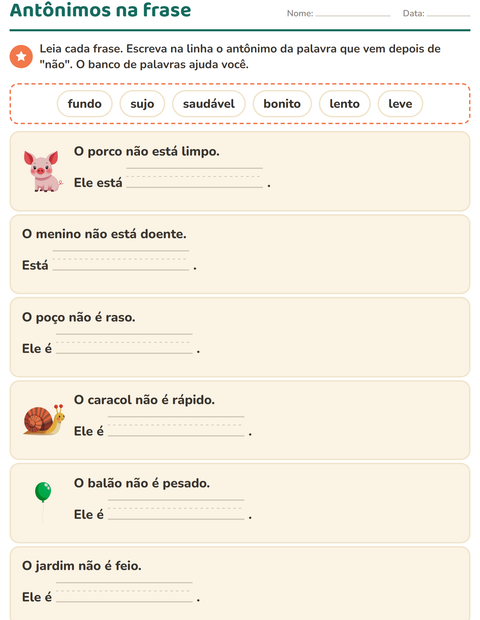 Pré-visualização da ficha de Antônimos para 1º ano do ensino fundamental