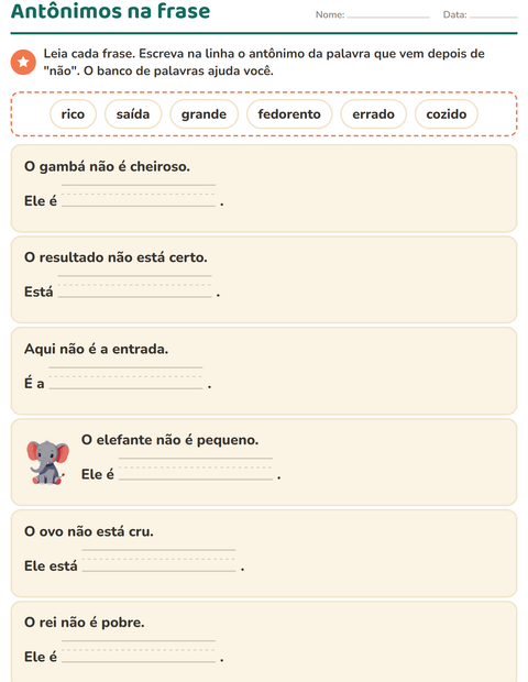 Pré-visualização da ficha de Antônimos para 1º ano do ensino fundamental