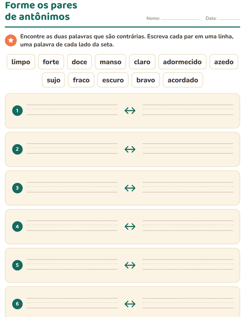Pré-visualização da ficha de Antônimos para 1º ano do ensino fundamental