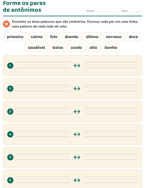 Pré-visualização da ficha de Antônimos para 1º ano do ensino fundamental