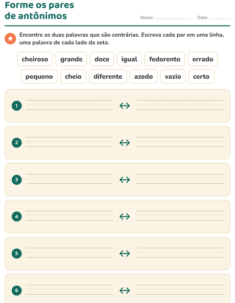 Pré-visualização da ficha de Antônimos para 1º ano do ensino fundamental