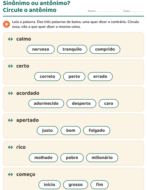 Pré-visualização da ficha de Antônimos para 1º ano do ensino fundamental