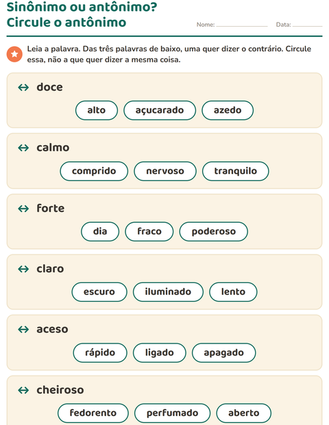 Pré-visualização da ficha de Antônimos para 1º ano do ensino fundamental