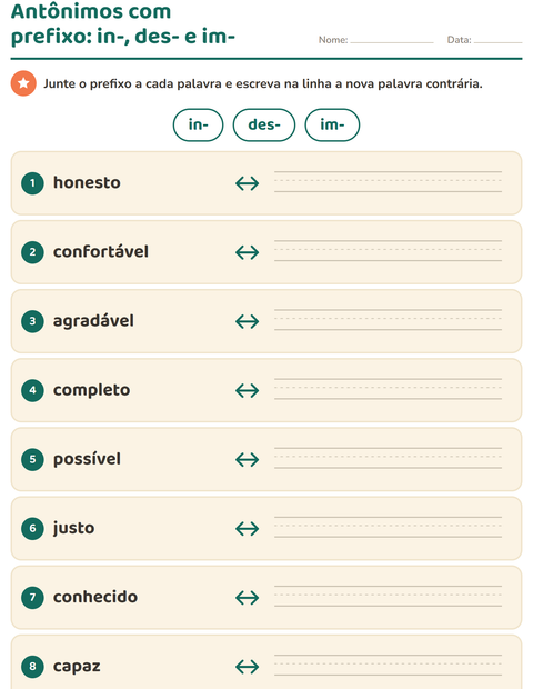 Pré-visualização da ficha de Antônimos para 2º ano do ensino fundamental