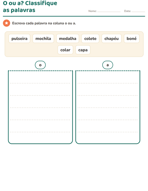 Pré-visualização da ficha de Artigos o e a com Acessórios para 1º ano do ensino fundamental