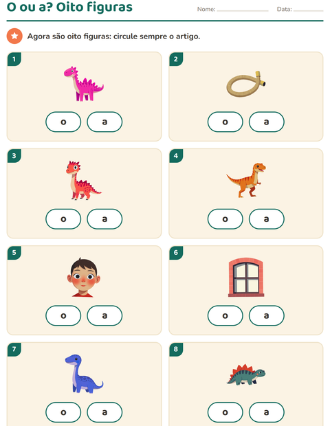 Pré-visualização da ficha de Artigos o e a com Dinossauros para Educação infantil (pré-escola, 5-7 anos)