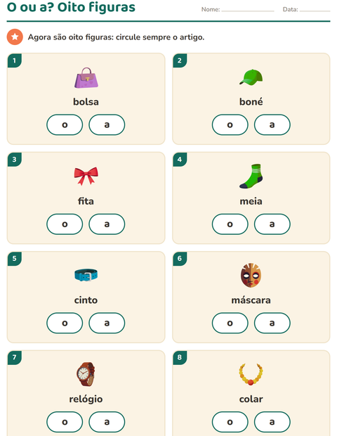 Pré-visualização da ficha de Artigos o e a com Acessórios para Educação infantil (pré-escola, 5-7 anos)