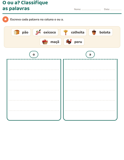 Pré-visualização da ficha de Artigos o e a com Dia de Ação de Graças para 1º ano do ensino fundamental