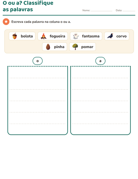 Pré-visualização da ficha de Artigos o e a com Diversos para 1º ano do ensino fundamental