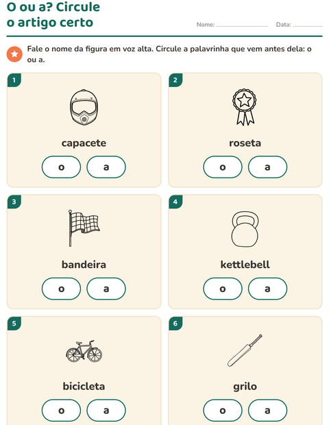 Pré-visualização da ficha de Artigos o e a com Esportes PB para Educação infantil (pré-escola, 5-7 anos)