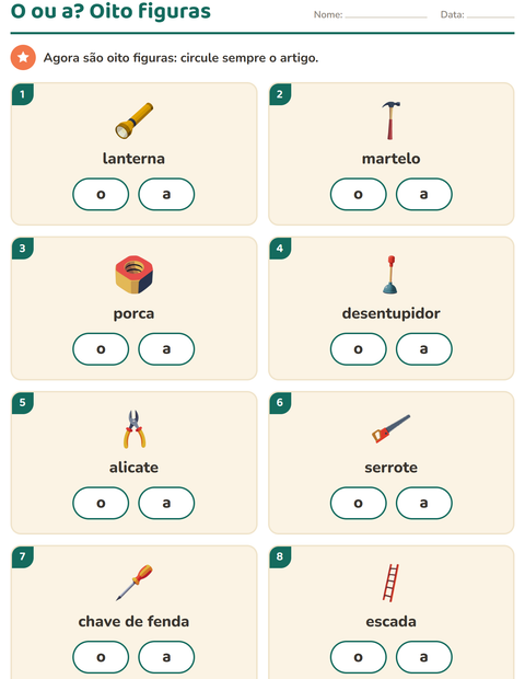 Pré-visualização da ficha de Artigos o e a com Ferramentas para Educação infantil (pré-escola, 5-7 anos)