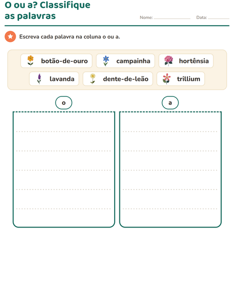 Pré-visualização da ficha de Artigos o e a com Flores para 1º ano do ensino fundamental