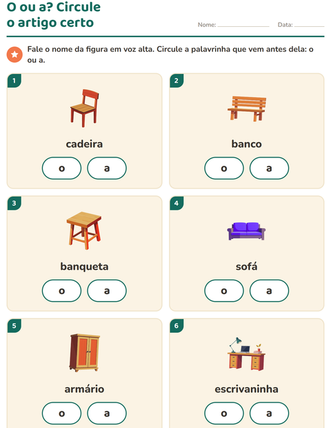 Pré-visualização da ficha de Artigos o e a com Móveis para Educação infantil (pré-escola, 5-7 anos)
