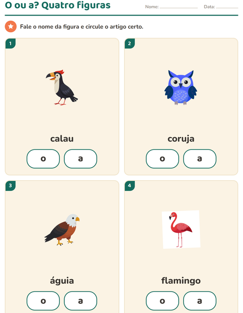 Pré-visualização da ficha de Artigos o e a com Pássaros para Educação infantil (pré-escola, 5-7 anos)