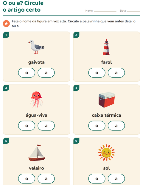 Pré-visualização da ficha de Artigos o e a com Praia para Educação infantil (pré-escola, 5-7 anos)