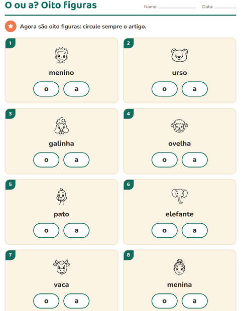 Pré-visualização da ficha de Artigos o e a com Rostos PB para Educação infantil (pré-escola, 5-7 anos)