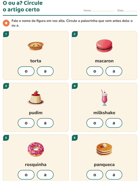 Pré-visualização da ficha de Artigos o e a com Sobremesas e doces para Educação infantil (pré-escola, 5-7 anos)