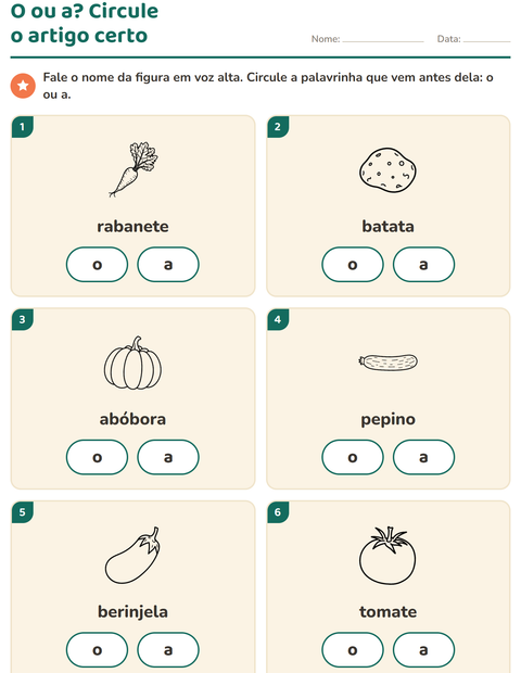 Pré-visualização da ficha de Artigos o e a com Vegetais PB para Educação infantil (pré-escola, 5-7 anos)