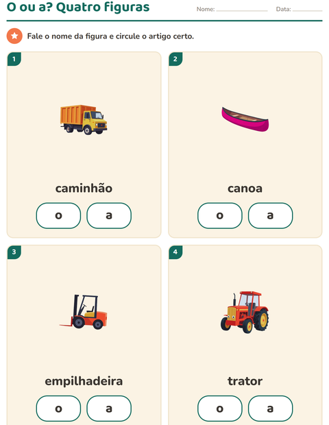 Pré-visualização da ficha de Artigos o e a com Veículos para Educação infantil (pré-escola, 5-7 anos)