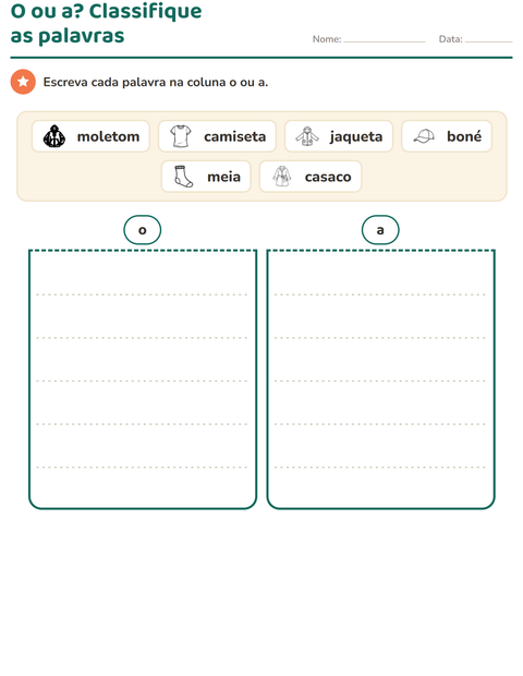 Pré-visualização da ficha de Artigos o e a com Vestuário PB para 1º ano do ensino fundamental
