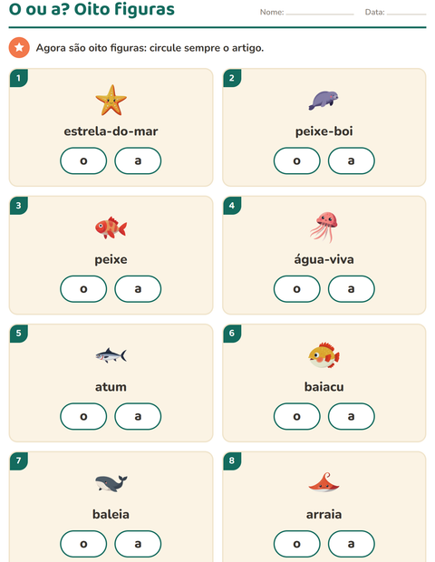 Pré-visualização da ficha de Artigos o e a com Vida marinha para Educação infantil (pré-escola, 5-7 anos)