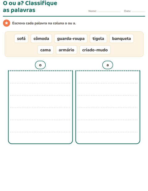 Pré-visualização da ficha de Artigos o e a com Móveis PB para 1º ano do ensino fundamental