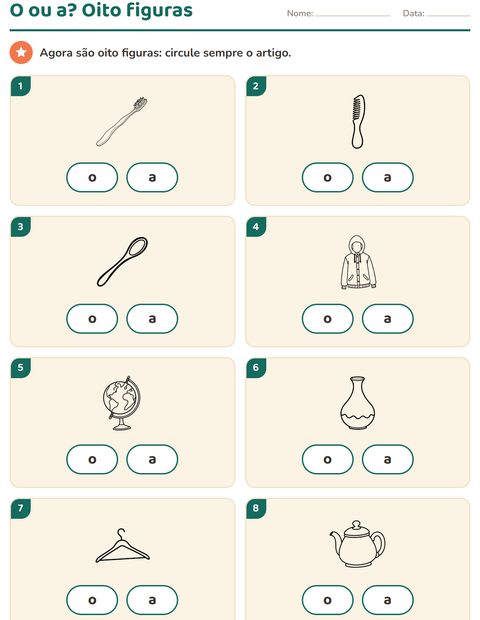 Pré-visualização da ficha de Artigos o e a com Objetos PB para Educação infantil (pré-escola, 5-7 anos)
