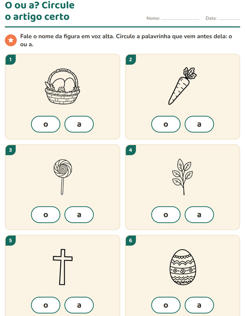 Pré-visualização da ficha de Artigos o e a com Páscoa PB para Educação infantil (pré-escola, 5-7 anos)