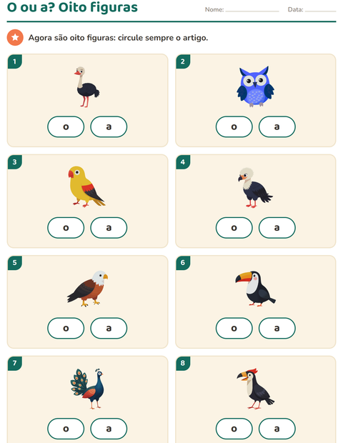 Pré-visualização da ficha de Artigos o e a com Pássaros para Educação infantil (pré-escola, 5-7 anos)