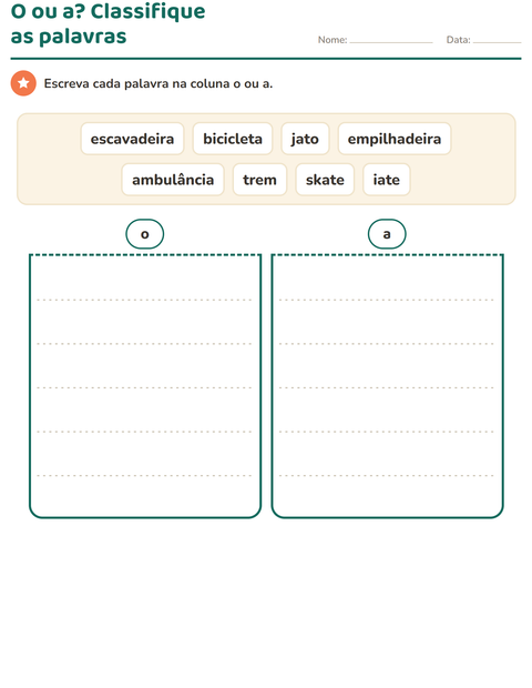 Pré-visualização da ficha de Artigos o e a com Veículos para 1º ano do ensino fundamental