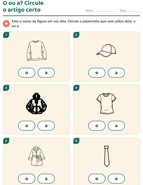 Pré-visualização da ficha de Artigos o e a com Vestuário PB para Educação infantil (pré-escola, 5-7 anos)