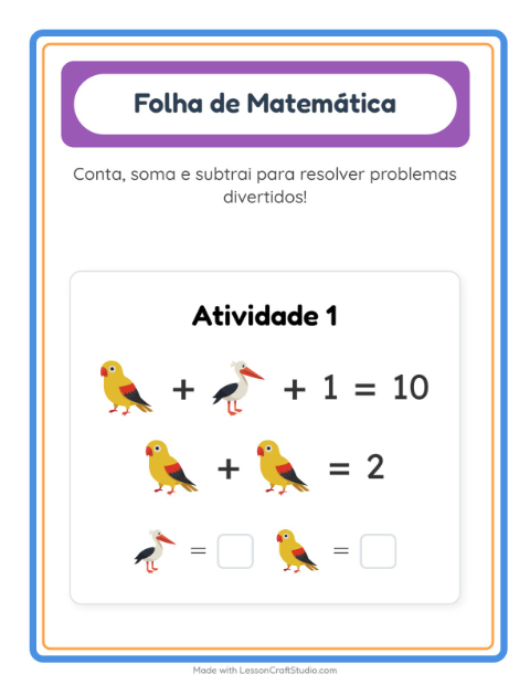 Pré-visualização da ficha de Atividade De Matemática com Pássaros para Educação infantil (pré-escola, 5-7 anos)