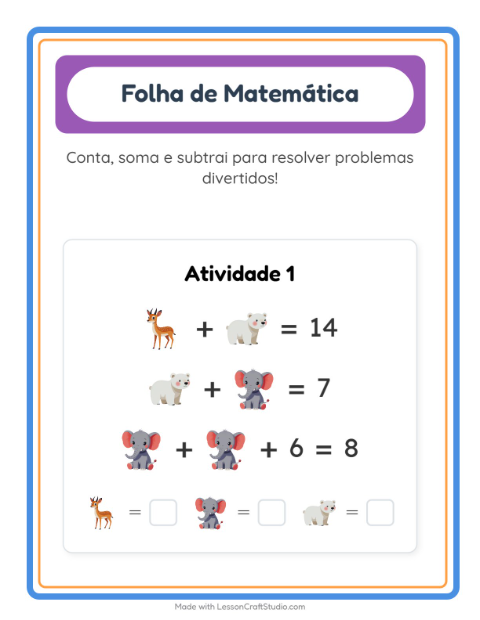 Pré-visualização da ficha de Atividade De Matemática com Animais do zoológico para Educação infantil (pré-escola, 5-7 anos)