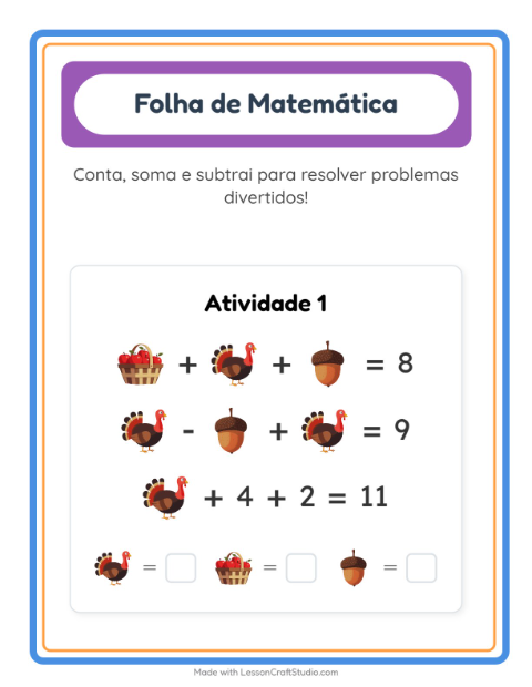 Pré-visualização da ficha de Atividade De Matemática com Dia de Ação de Graças para Educação infantil (pré-escola, 5-7 anos)