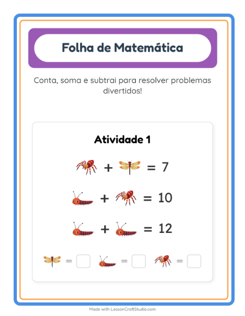 Pré-visualização da ficha de Atividade De Matemática com Insetos e bichos para Educação infantil (pré-escola, 5-7 anos)