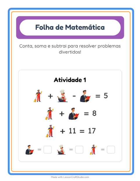 Pré-visualização da ficha de Atividade De Matemática com Profissões para Educação infantil (pré-escola, 5-7 anos)